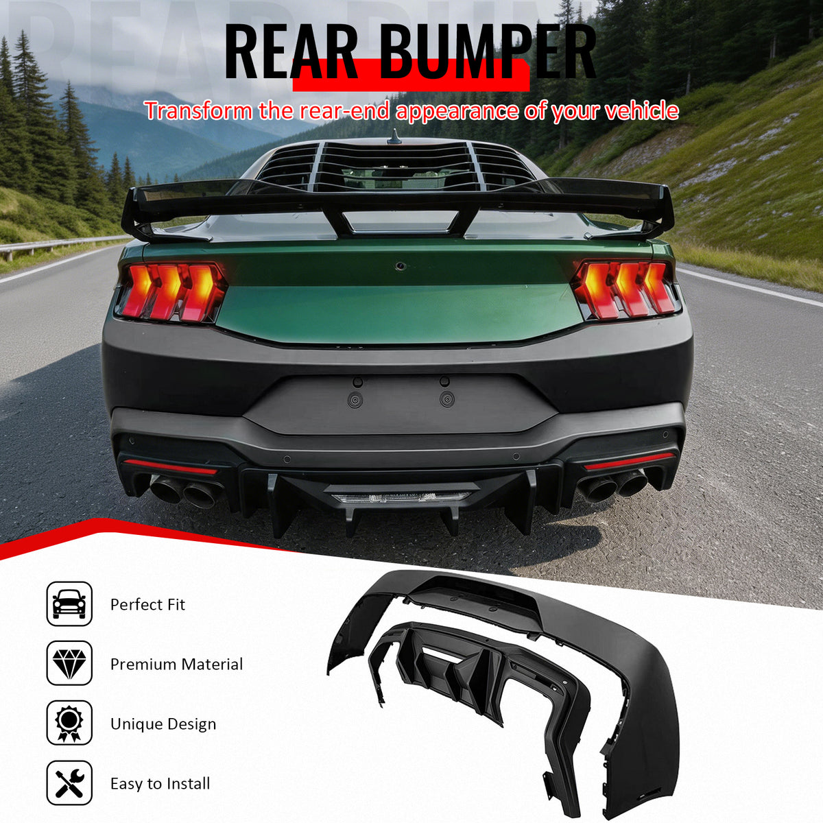 IKON MOTORSPORTS, Rear Bumper Conversion W/ Diffuser Lip Compatible with 2024-2026 Ford Mustang Coupe/Convertible All Models, PP OE Style Unpainted Rear Bumper Cover Matte Black Rear Diffuser 5PC