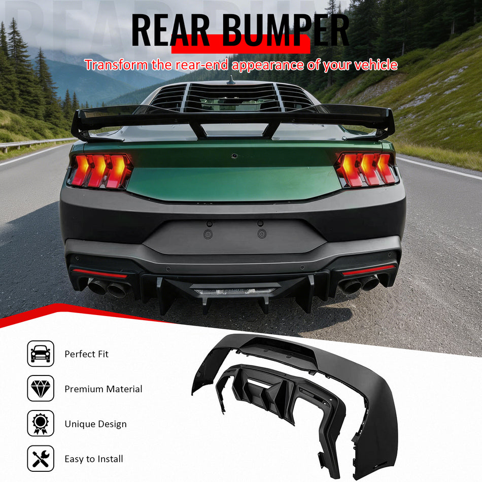 IKON MOTORSPORTS, Rear Bumper Conversion W/ Diffuser Lip Compatible with 2024-2026 Ford Mustang Coupe/Convertible All Models, PP OE Style Unpainted Rear Bumper Cover Matte Black Rear Diffuser 5PC