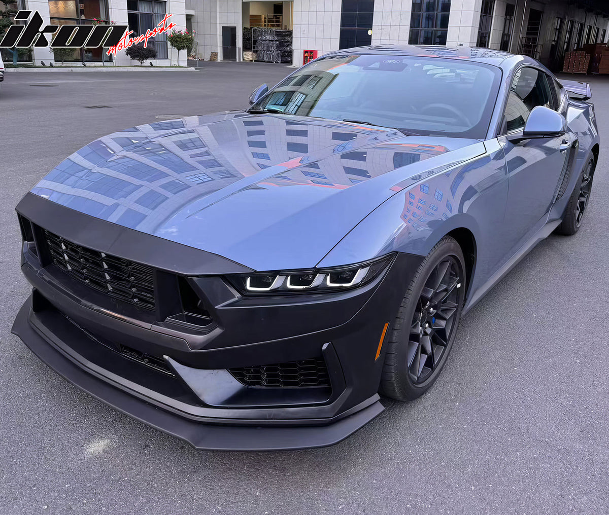 IKON MOTORSPORTS, Front Bumper Conversion Cover Kit Compatible With 2024-2026 Ford Mustang, Unpainted Dark Horse Handling Package PP Front Valance Panel W/ ABS Lower Upper Mesh Grilles Fascia Applique