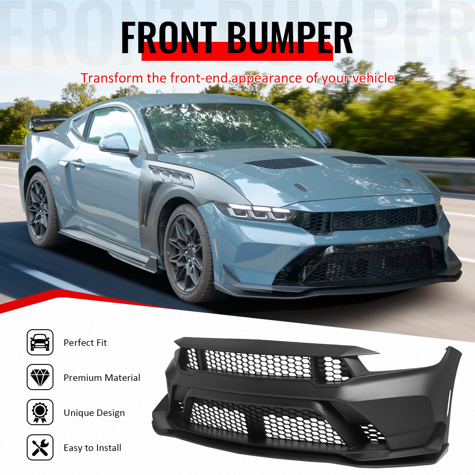 IKON MOTORSPORTS Front Bumper Covers, Compatible with 2024-2026 Ford Mustang Dark Horse/EcoBoost/GT, GTD Style Unpainted Black PP Replacement Bumper Conversion Bodykit with Matte Black Lip and Canards