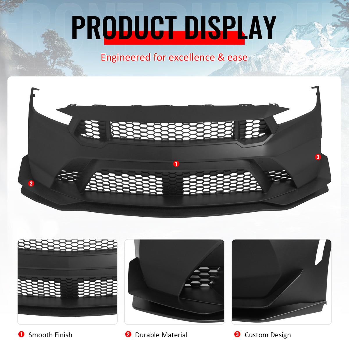 Fits 24-26 Ford Mustang Front Bumper Cover GTD Style Conversion Matte Black Lip