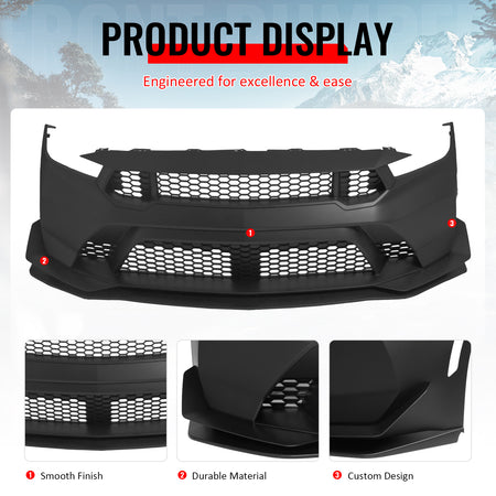 Fits 24-26 Ford Mustang Front Bumper Cover GTD Style Conversion Matte Black Lip