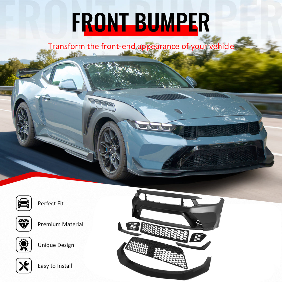 IKON MOTORSPORTS Front Bumper Covers, Compatible with 2024-2026 Ford Mustang Dark Horse/EcoBoost/GT, GTD Style Unpainted Black PP Replacement Bumper Conversion Bodykit with Gloss Black Lip and Canards