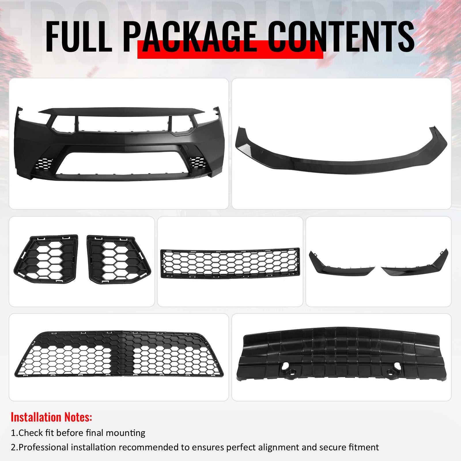 Fits 24-26 Ford Mustang Front Bumper Cover GTD Style Conversion Gloss Black Lip