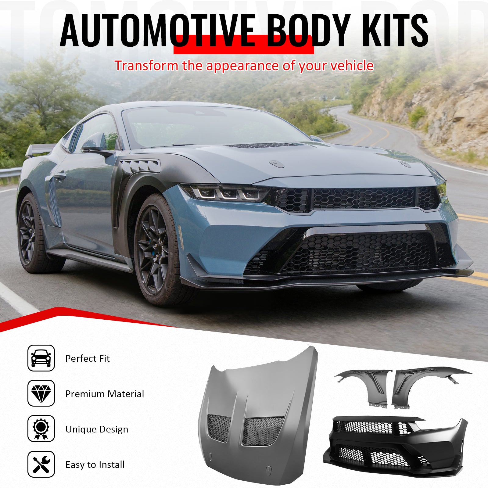 IKON MOTORSPORTS Front Bumper Cover + Hood + Front Fender, Compatible with 2024-2026 Ford Mustang Dark Horse/EcoBoost/GT, GTD Style PP Replacement Bumper Conversion with Matte Black Lip and Canards