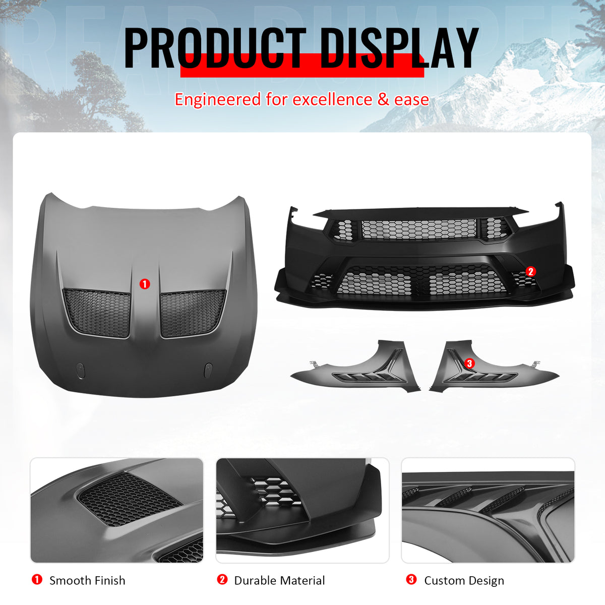 Fits 24-26 Ford Mustang Front Bumper Cover + Hood + Fender GTD Style (Matte Lip)