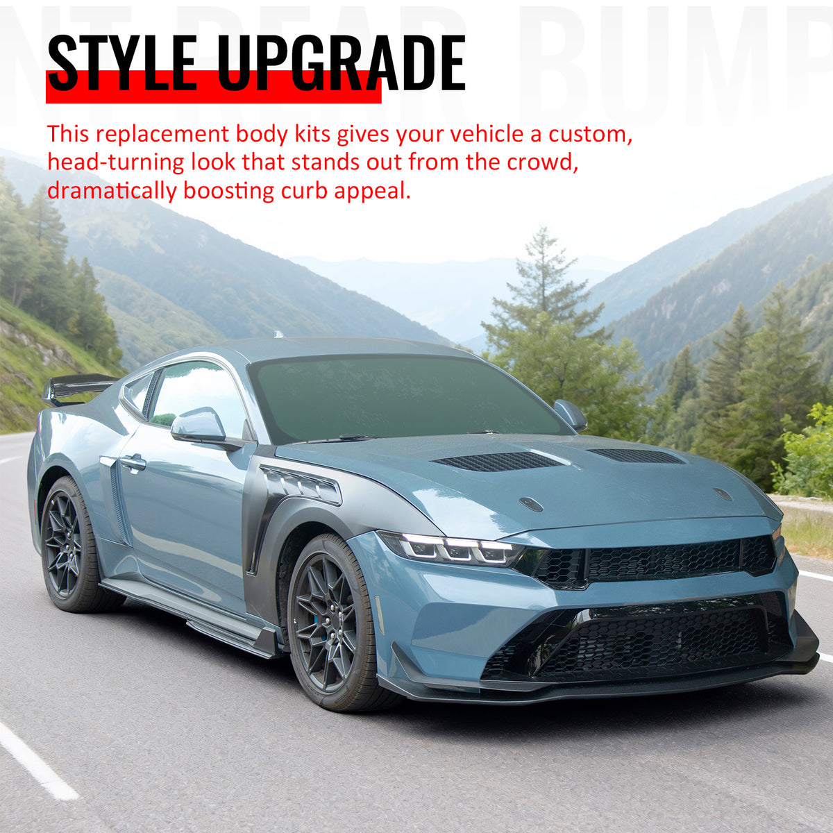 Fits 24-26 Ford Mustang Front Bumper Cover + Hood + Fender GTD Style (Matte Lip)