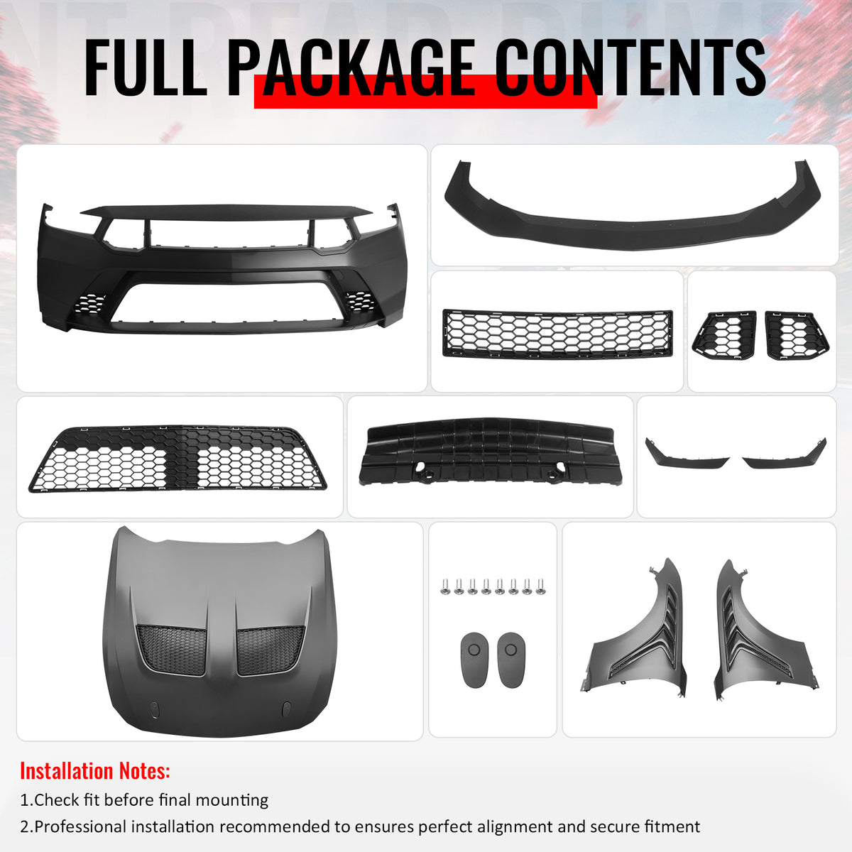 Fits 24-26 Ford Mustang Front Bumper Cover + Hood + Fender GTD Style (Matte Lip)