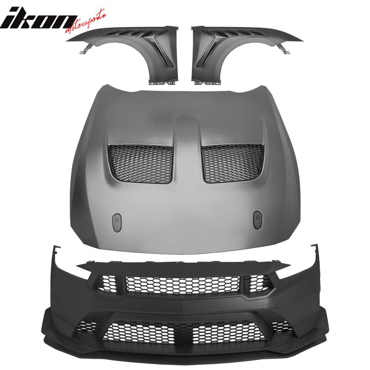 Fits 24-26 Ford Mustang Front Bumper Cover + Hood + Fender GTD Style (Matte Lip)