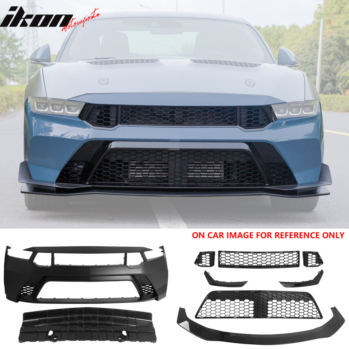 IKON MOTORSPORTS Front Bumper Cover + Hood + Front Fender, Compatible with 2024-2026 Ford Mustang Dark Horse/EcoBoost/GT, GTD Style PP Replacement Bumper Conversion with Gloss Black Lip and Canards