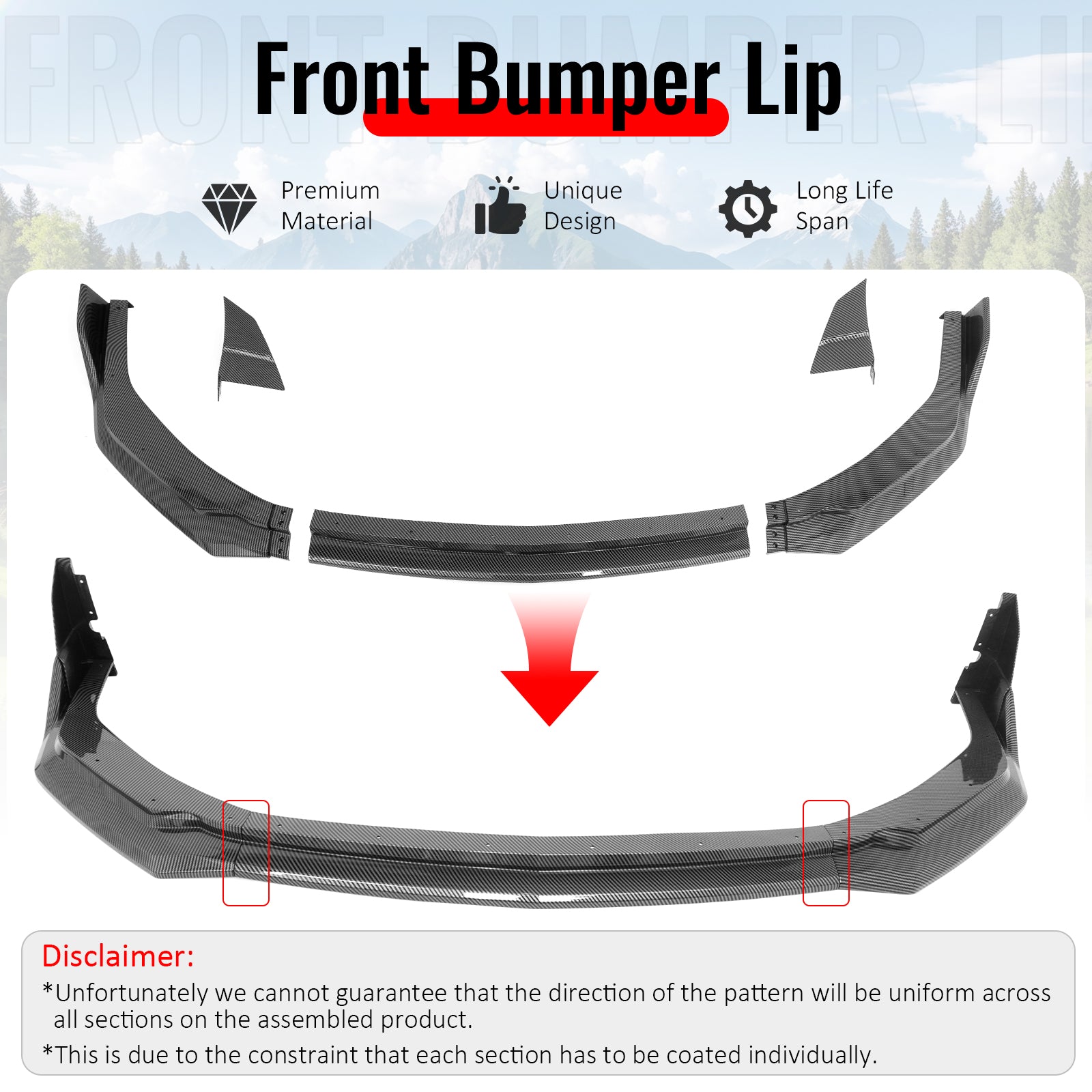 Fits 24-26 Ford Mustang Front Bumper Lip 5PC Spoiler Carbon Fiber Print Splitter