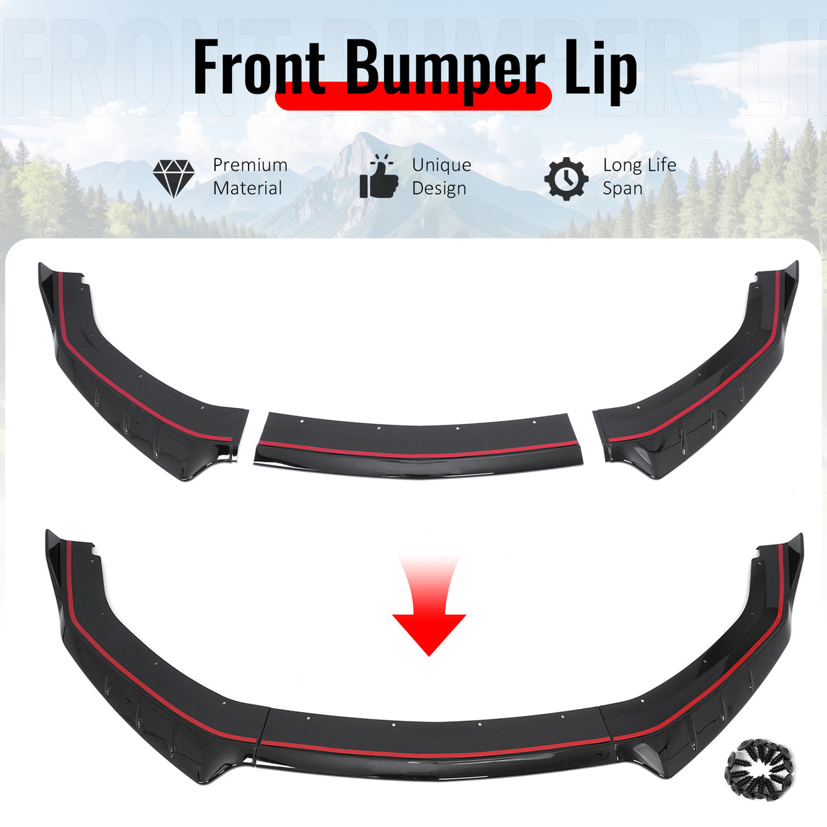 Fits 24-26 Ford Mustang IKON Style Front Bumper Lip Gloss Black Lower Splitter