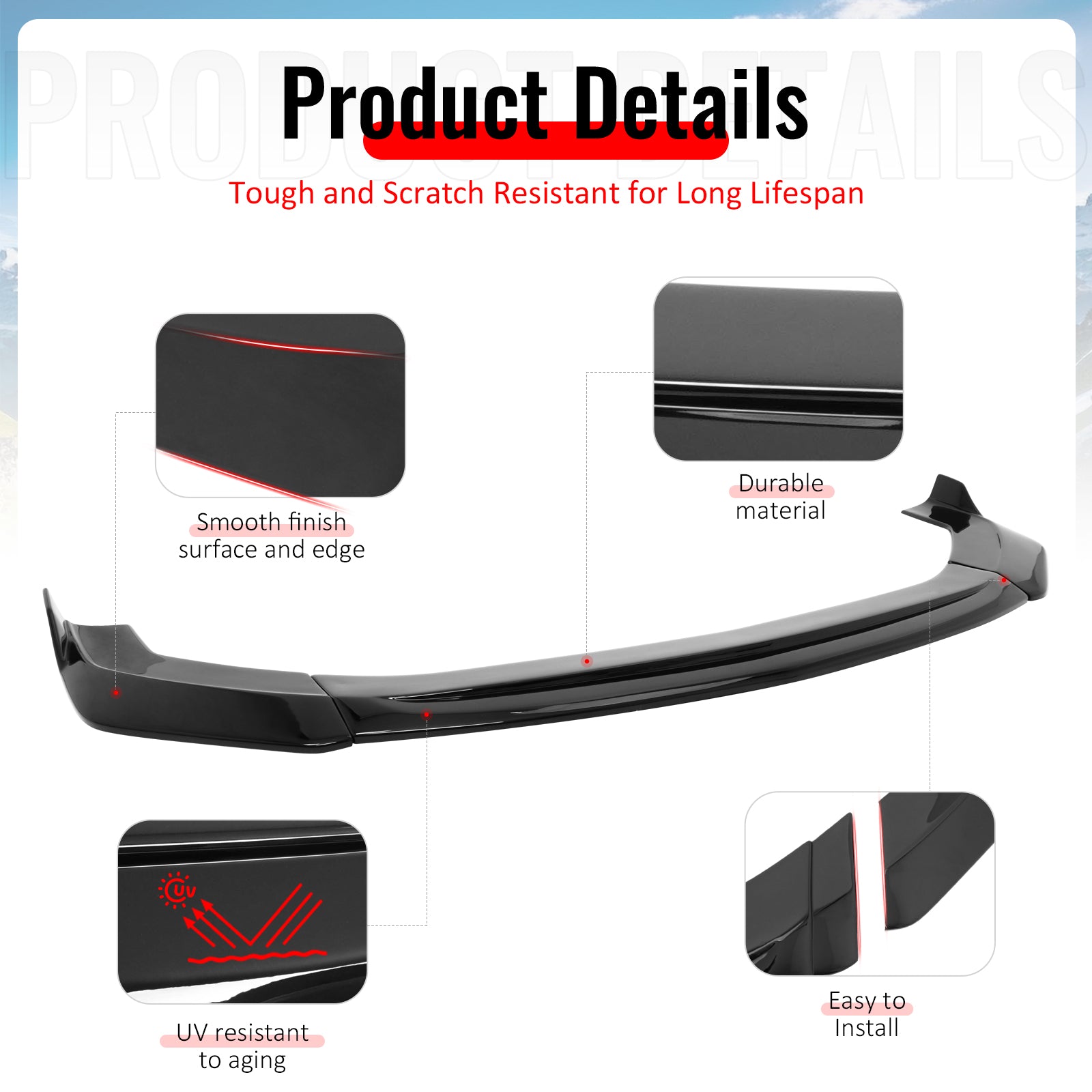 Fits 24-26 Ford Mustang Ecoboost GT IKON V2 Style Front Lip Gloss Black 3PCS