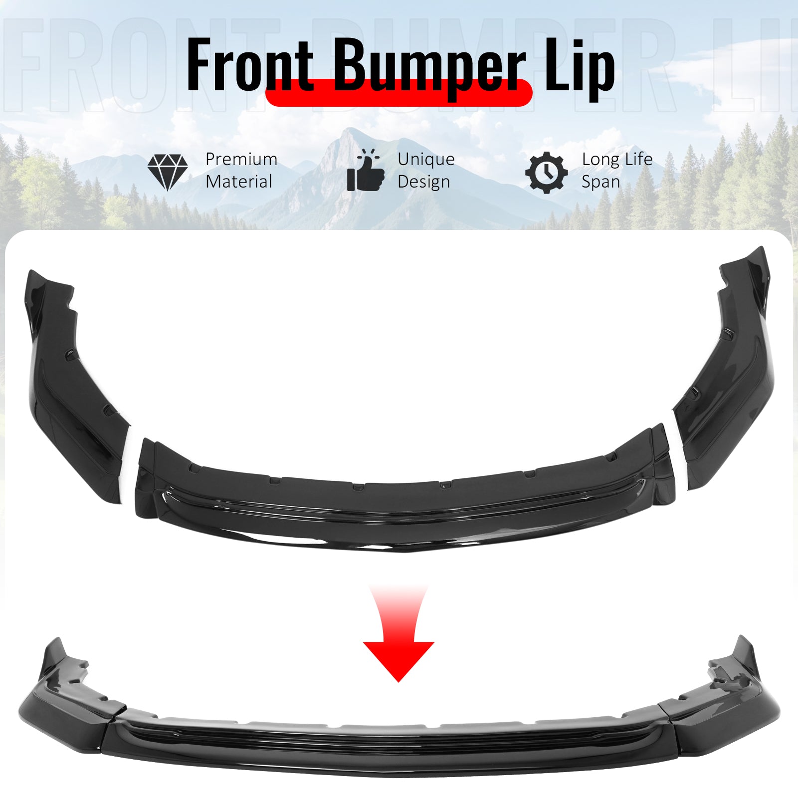 IKON MOTORSPORTS Front Bumper Lip, Compatible with 2024-2026 Ford Mustang Ecoboost & GT& Dark Horse, IKON Style Gloss Black ABS Air Dam Chin Spoiler Protector Splitter 3PC