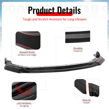 Fits 24-26 Ford Mustang IKON Style Gloss Black Front Bumper Lip Spoiler ABS 3PCS
