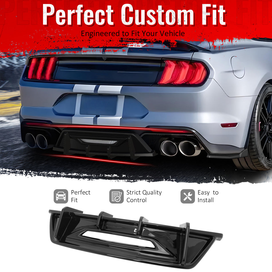 IKON MOTORSPORTS Rear Diffuser, Compatible with 2024-2026 Ford Mustang Ecoboost & GT, IKON Style Gloss Black ABS Add On Rear Lower Spoiler Air Dam Chin Valance Splitter 1PCS