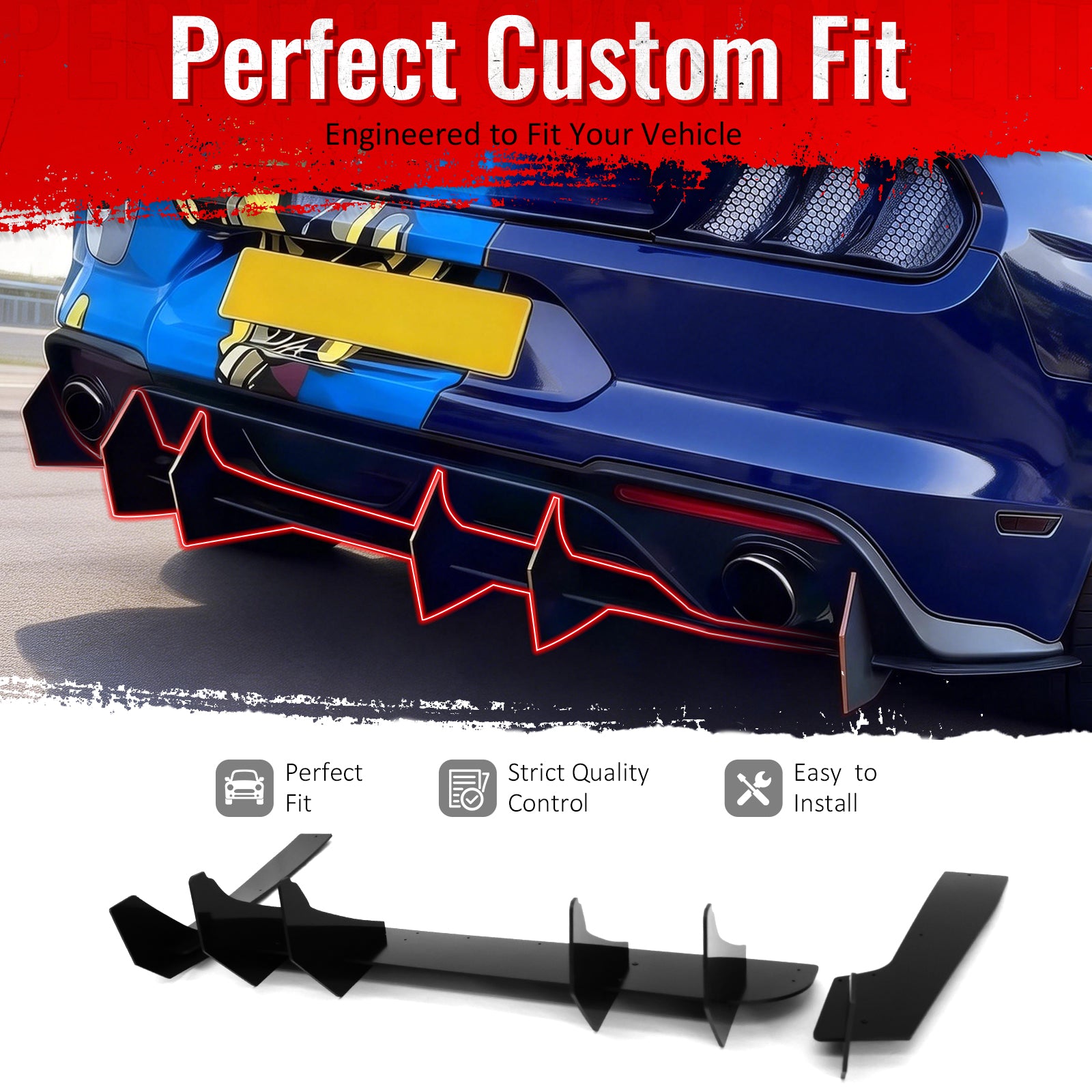 IKON MOTORSPORTS Rear Diffuser, Compatible with 2024-2026 Ford Mustang S650 EcoBoost & GT (Not Fit Dark Horse), Gloss Black PP Shark Fin Rear Bumper Valance Spoiler, Air Dam Chin Splitter Molding 3PCS