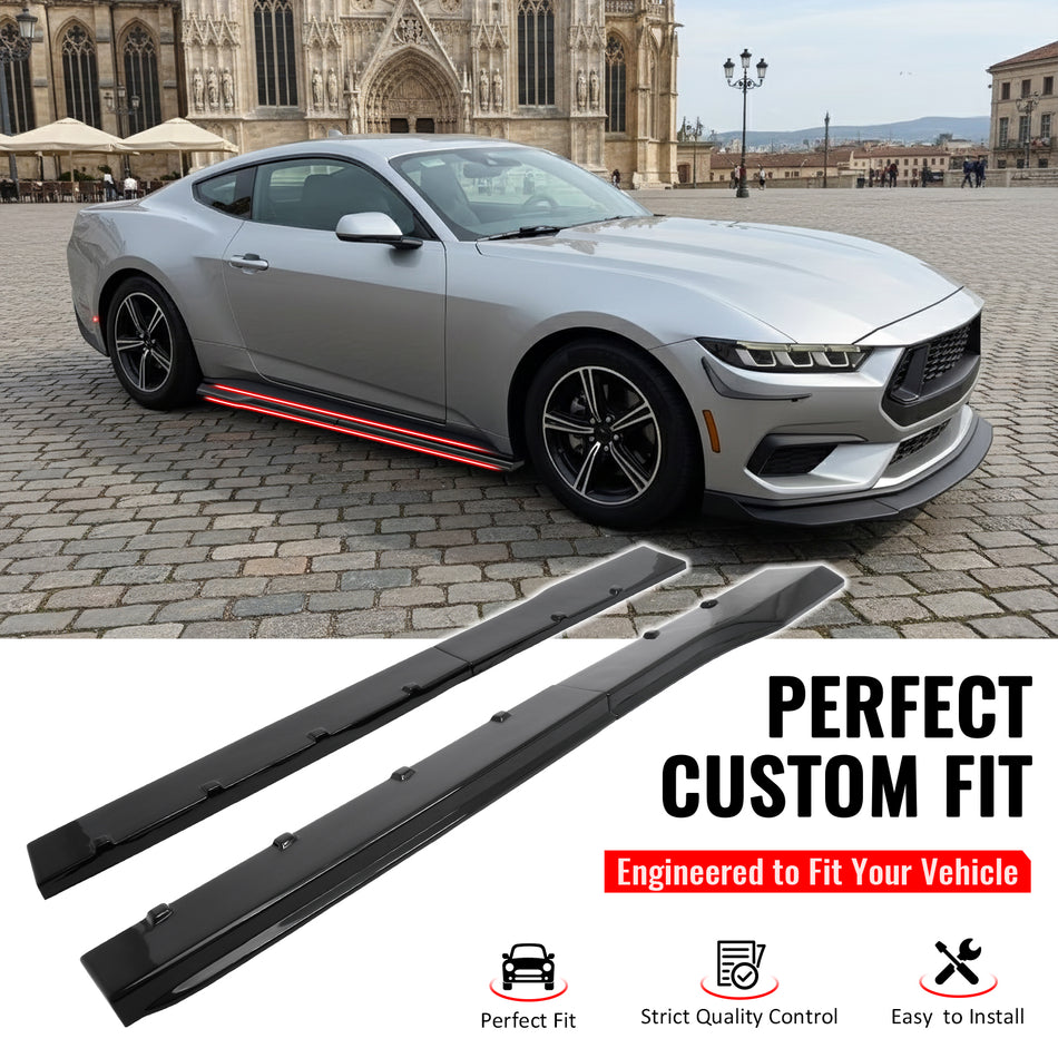 IKON MOTORSPORTS, Side Skirts Extension Compatible with 2024-2026 Ford Mustang, R Style Gloss Black ABS Add On Rocker Panel Splitter Side Underbody Spoiler 2PCS