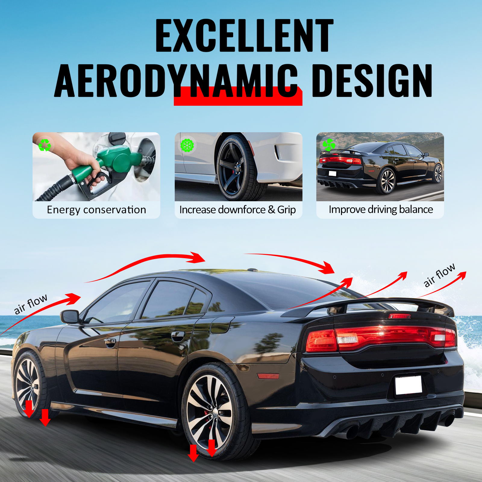 For 24-26 Ford Mustang R Style 2PCS Side Skirts Add On Splitters Gloss Black ABS