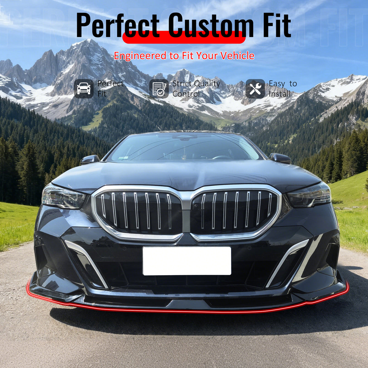 IKON MOTORSPORTS Front Bumper Lip, Compatible with 2024-2026 BMW G60 5 Series & i5 Sedan, IKON Style Matte Black PP Polypropylene Air Dam Chin Spoiler Protector Splitter 3PCS