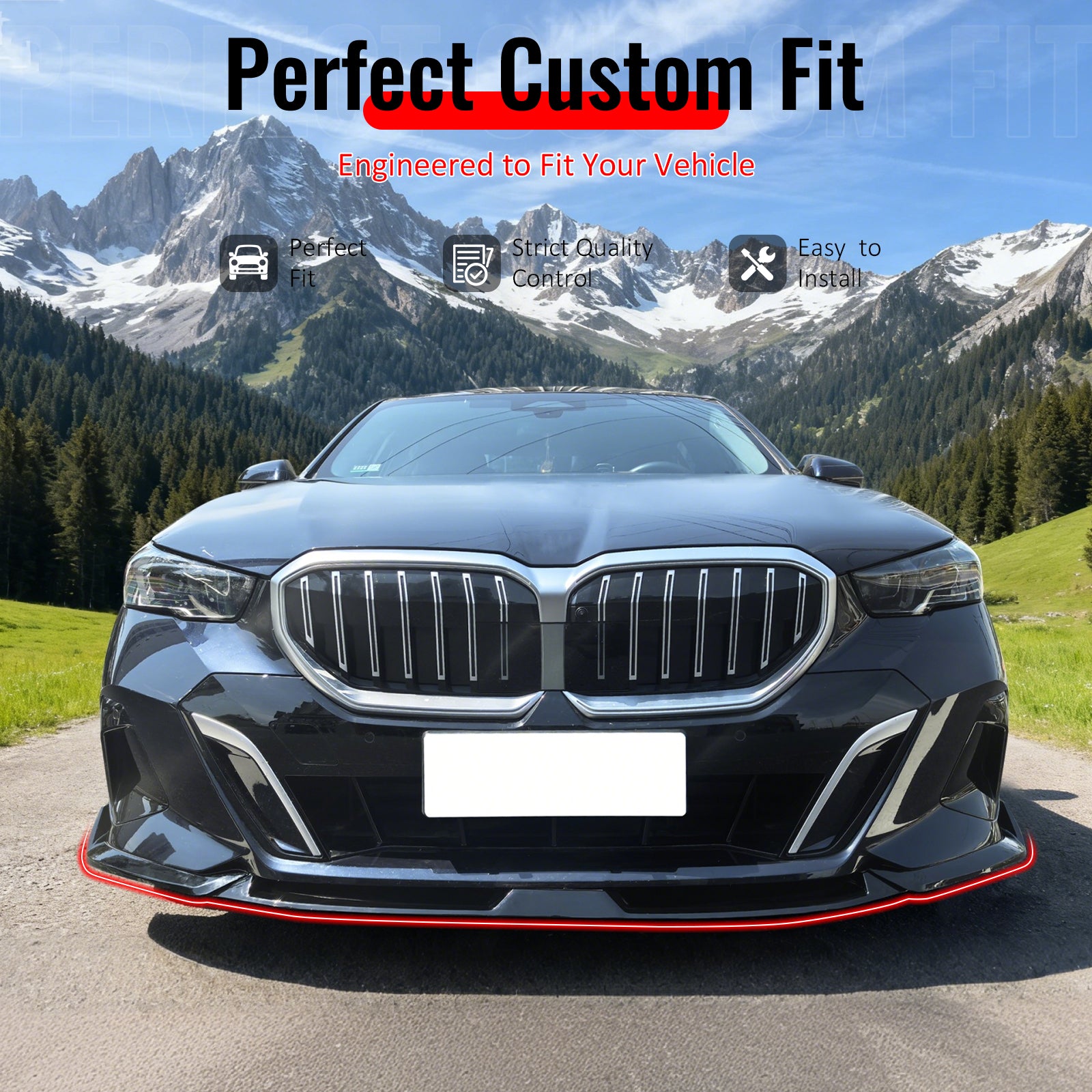IKON MOTORSPORTS Front Bumper Lip, Compatible with 2024-2026 BMW G60 5 Series & i5 Sedan, IKON Style Matte Black PP Polypropylene Air Dam Chin Spoiler Protector Splitter 3PCS