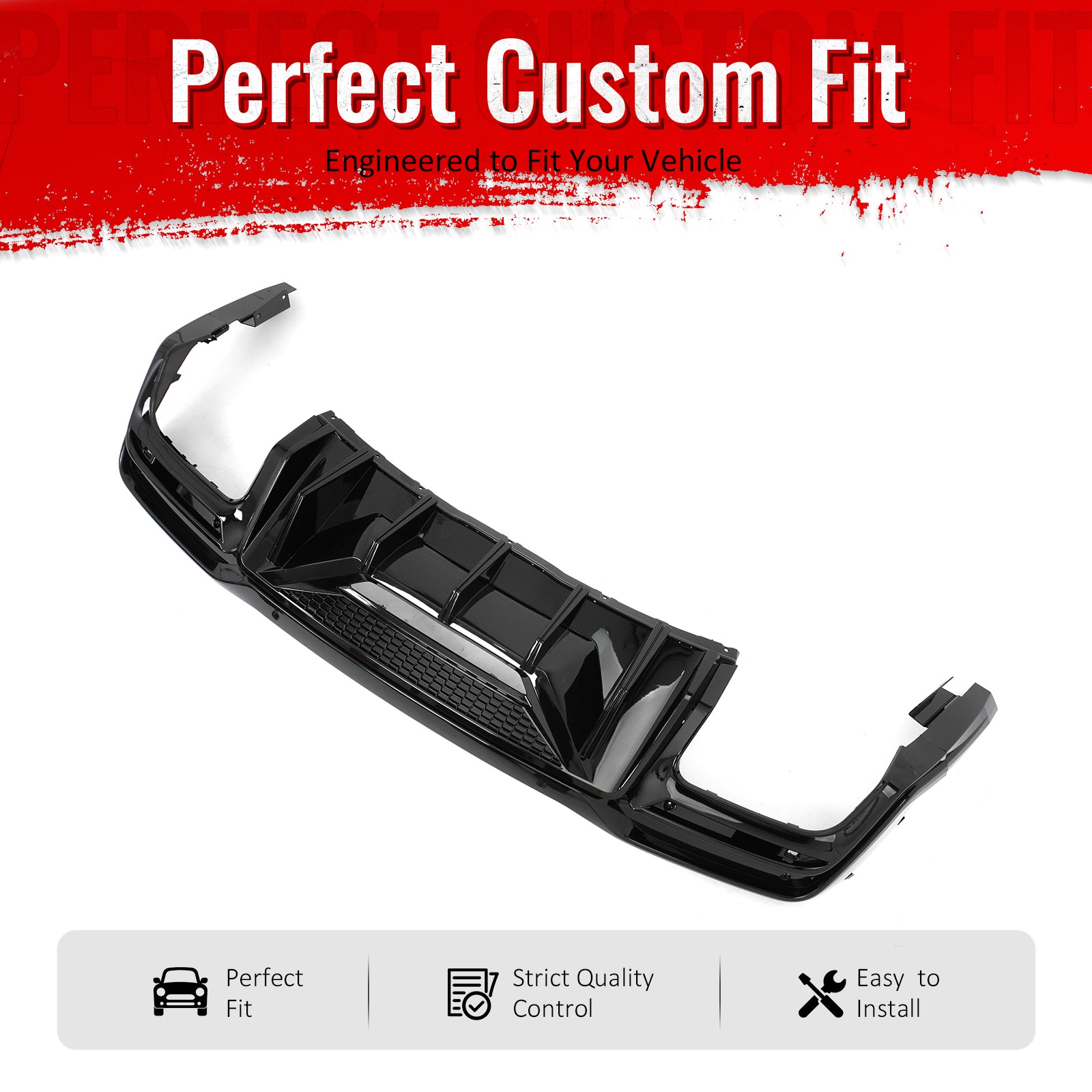 IKON MOTORSPORTS Rear Diffuser, Compatible with 2024-2026 Ford Mustang Dark Horse, Speed Style Gloss Black PP Polypropylene Shark Fin Rear Bumper Valance Spoiler, Air Dam Chin Splitter Molding 1PC