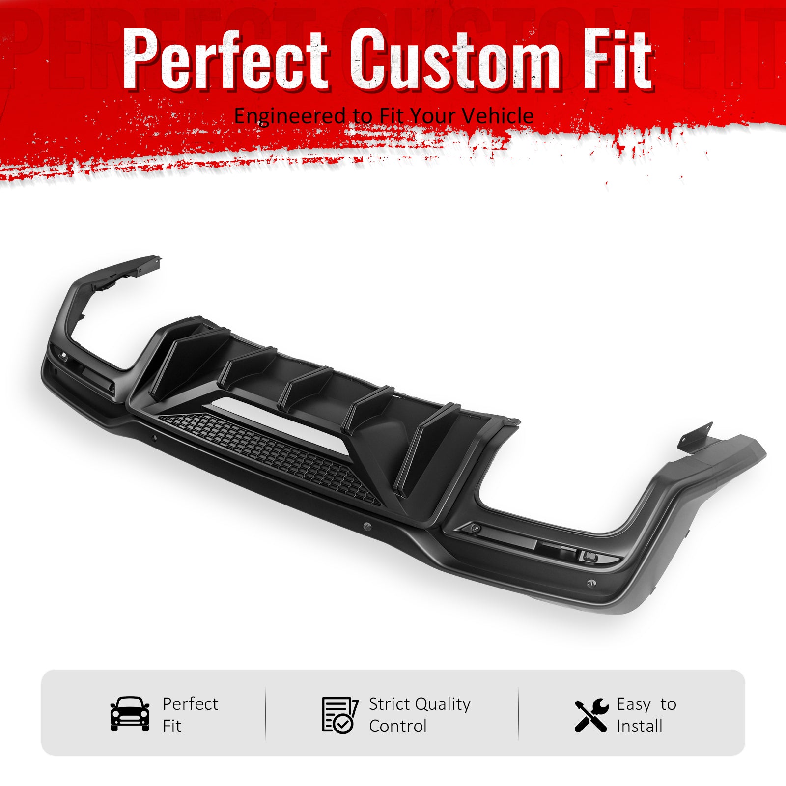 IKON MOTORSPORTS Rear Diffuser, Compatible with 2024-2026 Ford Mustang Dark Horse, Speed Style Matte Black PP Polypropylene Shark Fin Rear Bumper Valance Spoiler, Air Dam Chin Splitter Molding 1PC