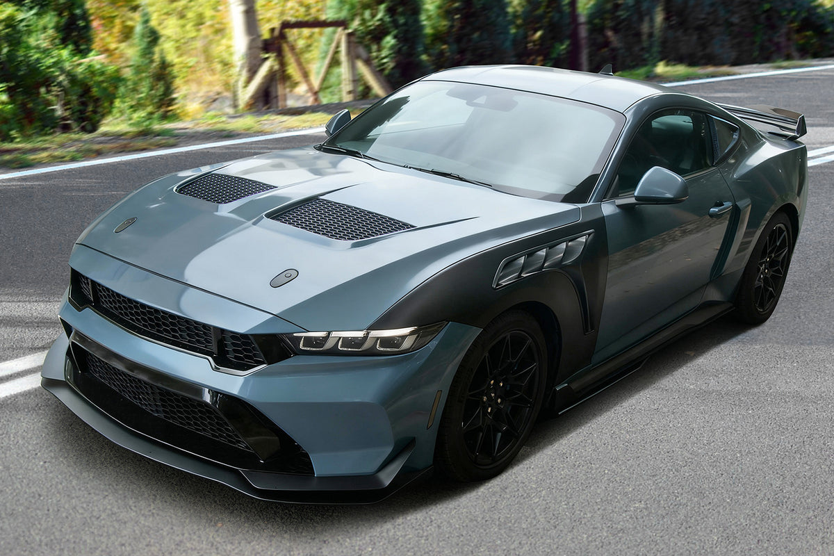 IKON MOTORSPORTS Hood Panel, Compatible with 2024-2026 Ford Mustang Dark Horse/EcoBoost/GT, GTD Style Aluminum Black Engine Front Bumper Hood Engine Bonnet Cover (with Heat Extractor Ram Air)