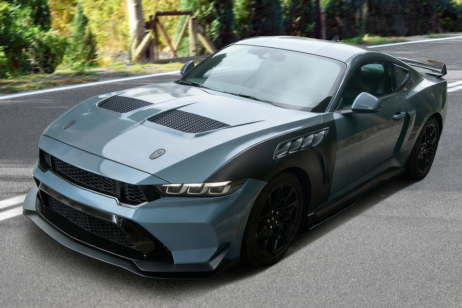 IKON MOTORSPORTS Hood Panel, Compatible with 2024-2026 Ford Mustang Dark Horse/EcoBoost/GT, GTD Style Aluminum Black Engine Front Bumper Hood Engine Bonnet Cover (with Heat Extractor Ram Air)