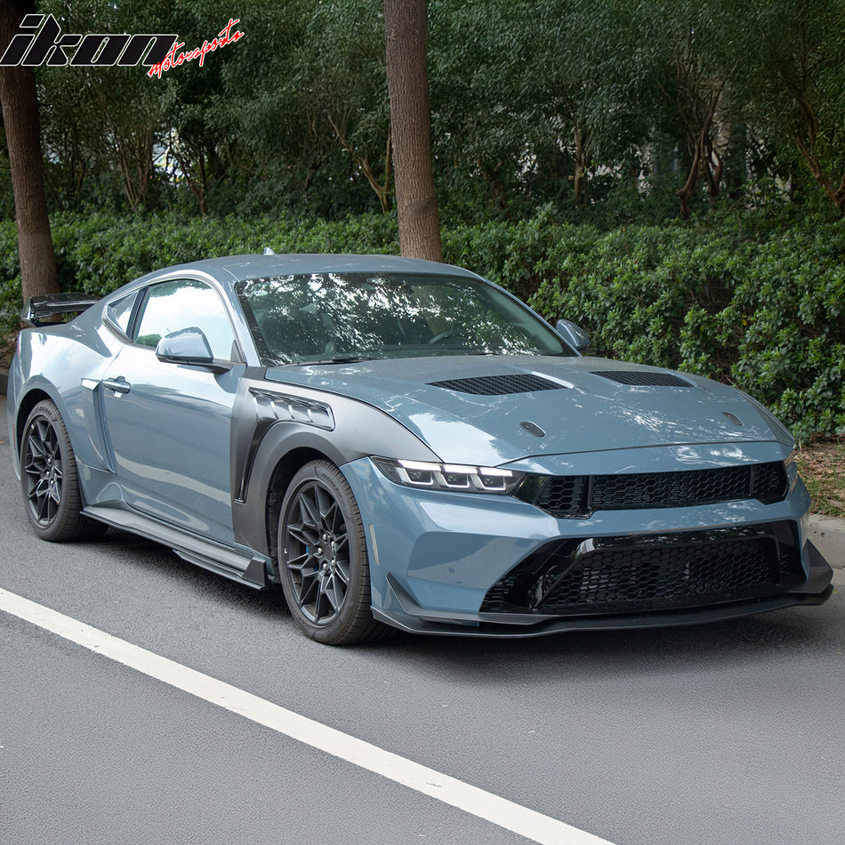 IKON MOTORSPORTS, Front Fenders Compatible with 2024-2026 Ford Mustang Dark Horse / EcoBoost / GT, GTD Style Aluminum Black Driver Passenger Side Vented Panel Replacement Cover