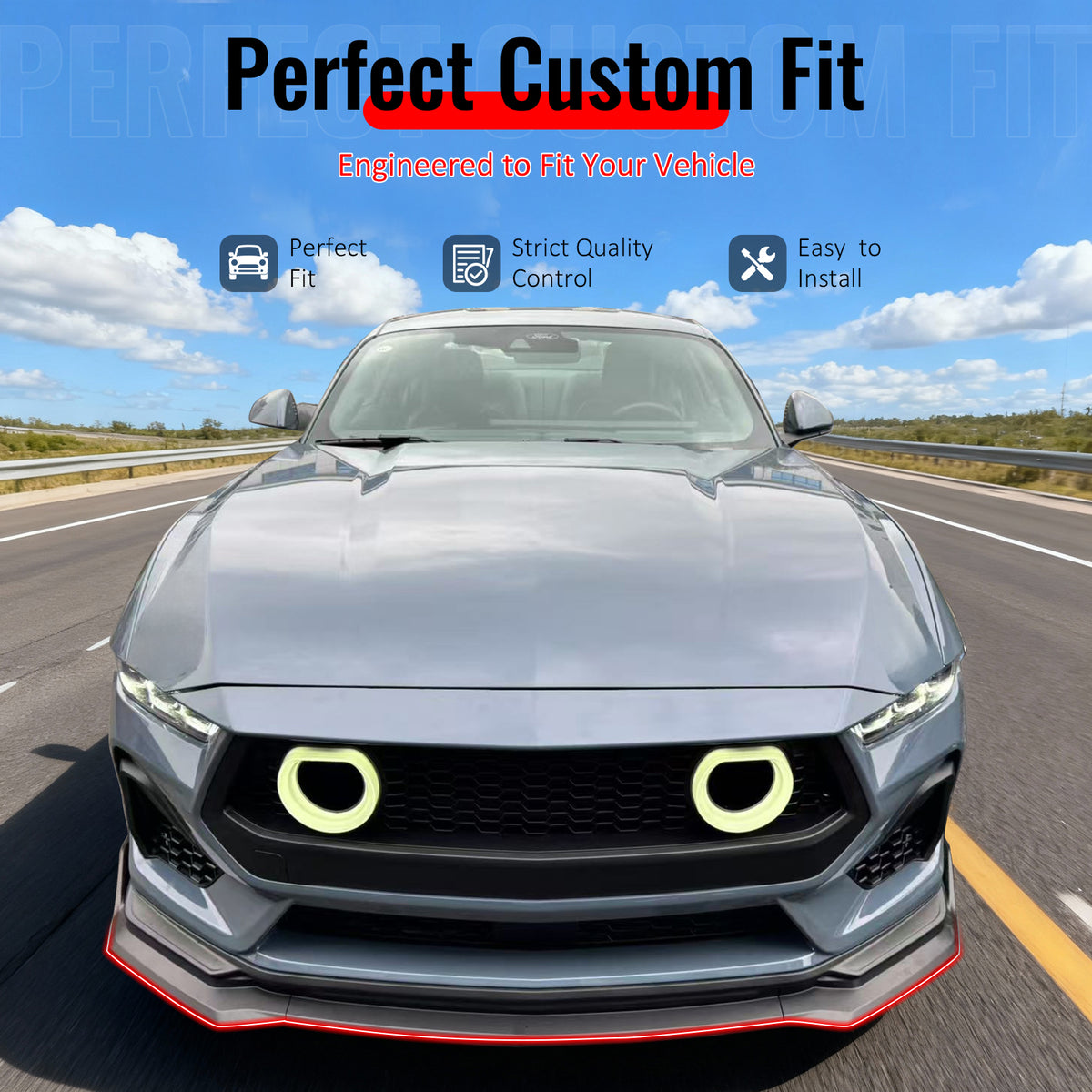 IKON MOTORSPORTS Front Bumper Lip, Compatible with 2024-2026 Ford Mustang, IKON Style ABS Plastic Carbon Fiber Print Air Dam Chin Spoiler Protector Splitter 3PCS