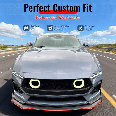 IKON MOTORSPORTS Front Bumper Lip, Compatible with 2024-2026 Ford Mustang, IKON Style ABS Plastic Carbon Fiber Print Air Dam Chin Spoiler Protector Splitter 3PCS