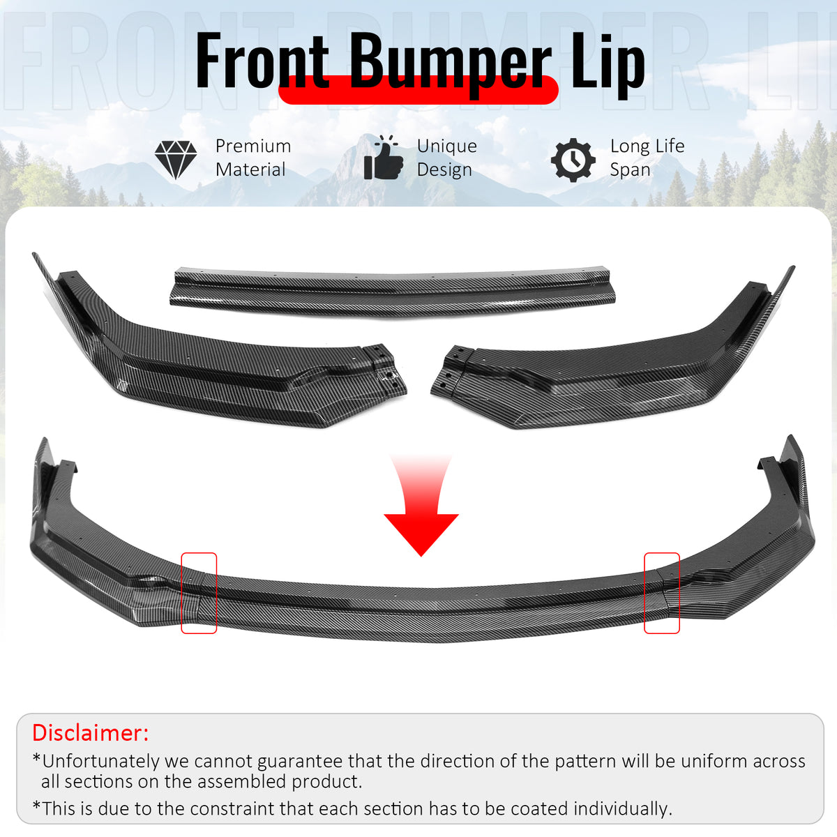 Fits 24-26 Ford Mustang Front Bumper Lip 3PC Spoiler Carbon Fiber Print Splitter
