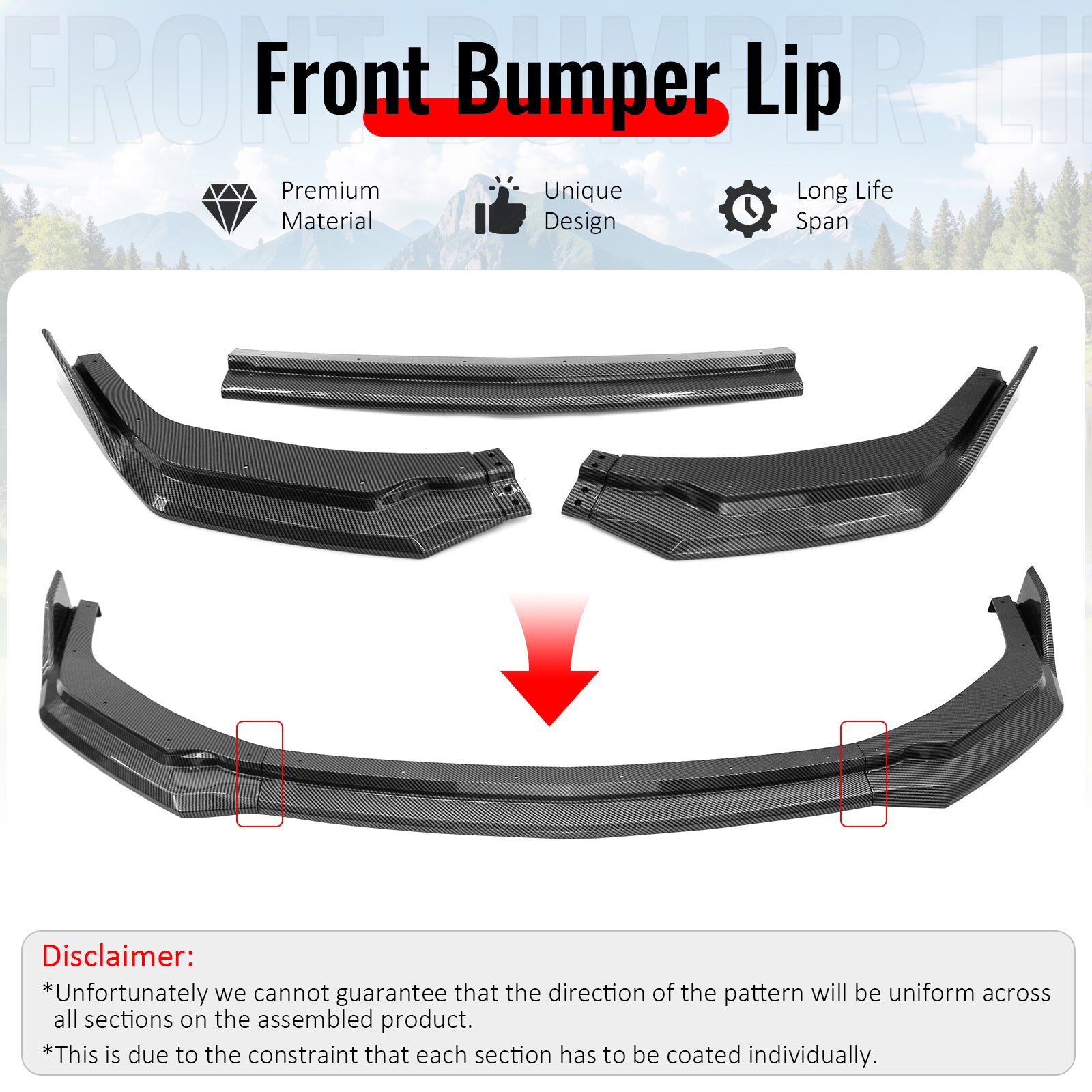 Fits 24-26 Ford Mustang Front Bumper Lip 3PC Spoiler Carbon Fiber Print Splitter