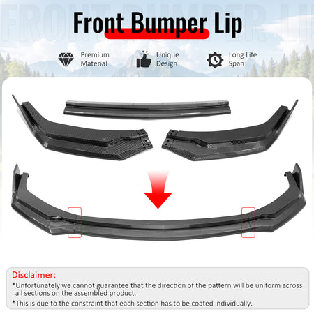 Fits 24-26 Ford Mustang Front Bumper Lip 3PC Spoiler Carbon Fiber Print Splitter