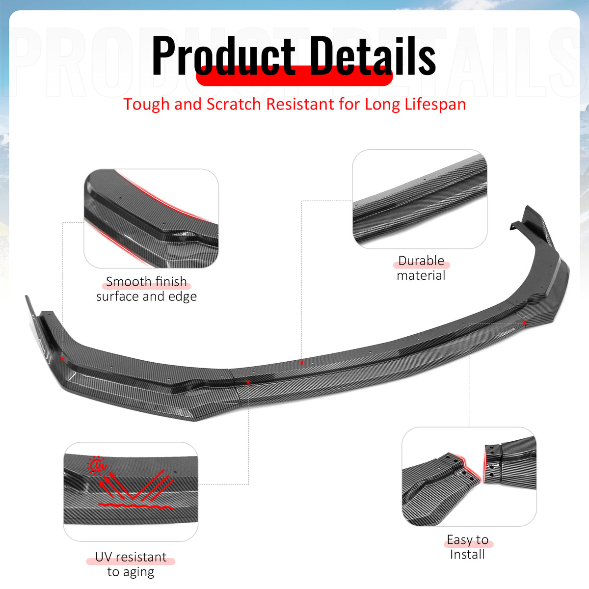 Fits 24-26 Ford Mustang Front Bumper Lip 3PC Spoiler Carbon Fiber Print Splitter