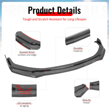 Fits 24-26 Ford Mustang Front Bumper Lip 3PC Spoiler Carbon Fiber Print Splitter