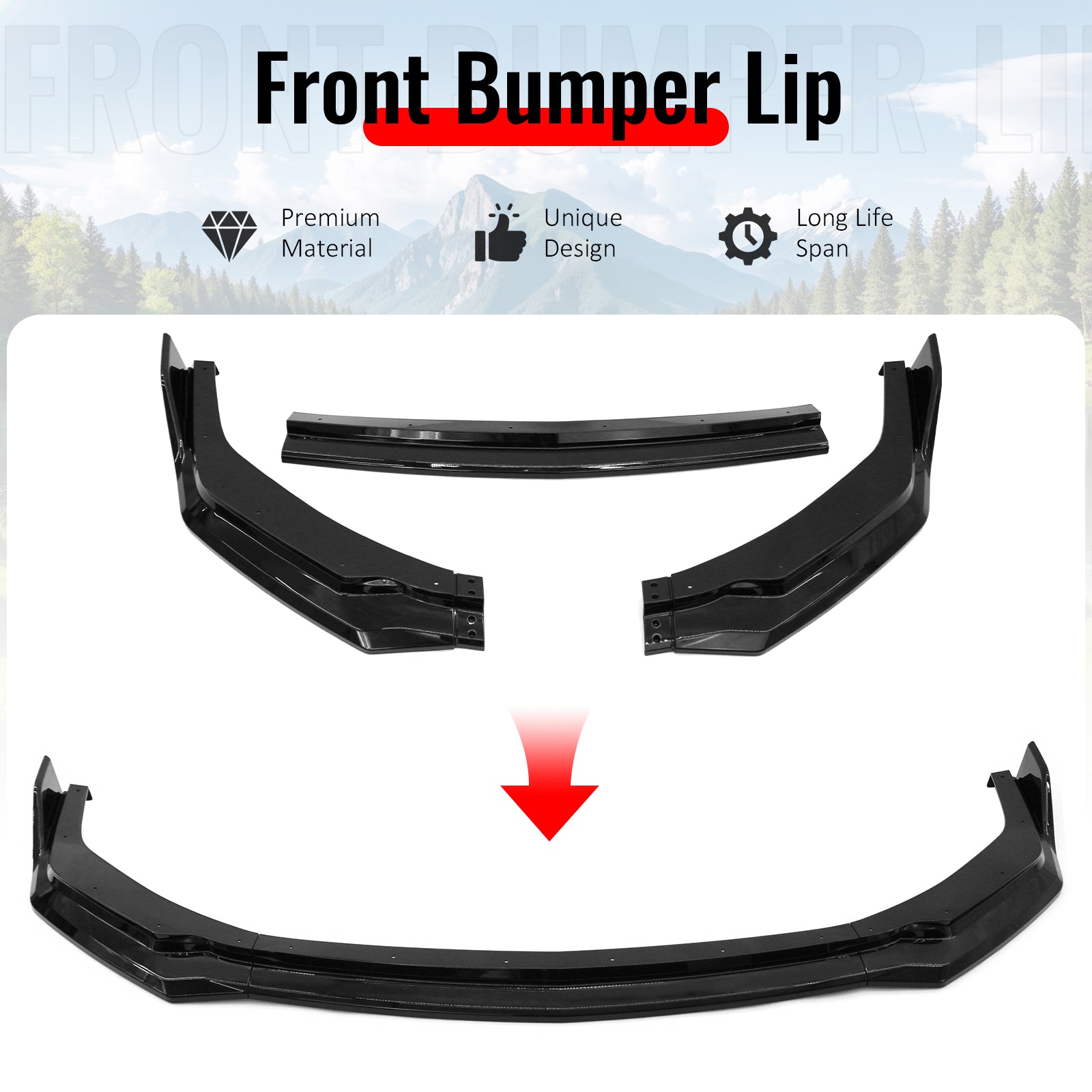 Fits 24-26 Ford Mustang Front Bumper Lip 3PC Spoiler Gloss Black Lower Splitter