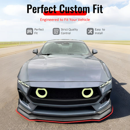 IKON MOTORSPORTS Front Bumper Lip, Compatible with 2024-2026 Ford Mustang, IKON Style ABS Plastic Matte Black Air Dam Chin Spoiler Protector Splitter 3PCS