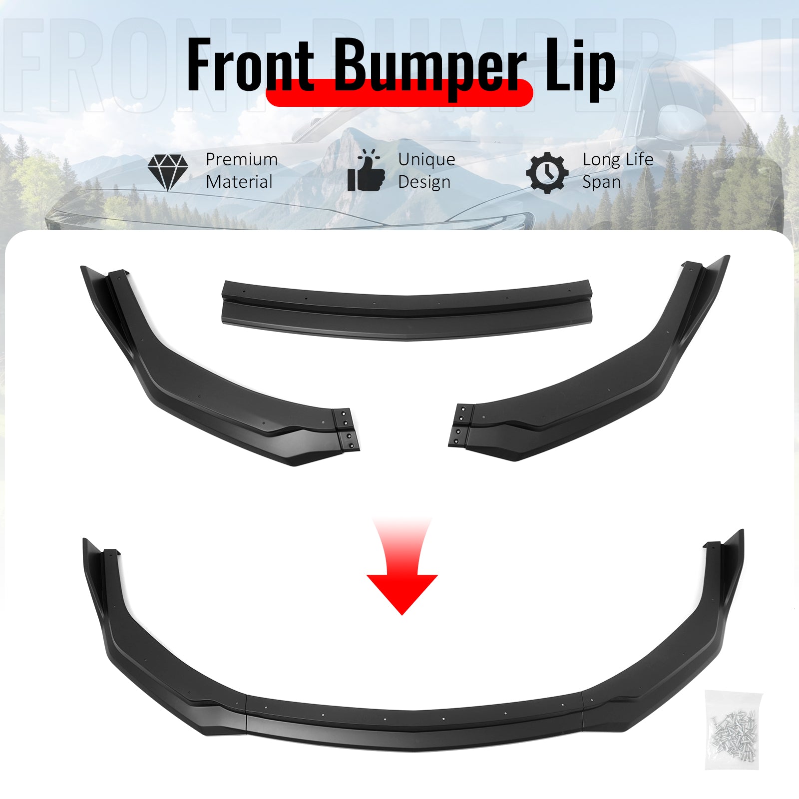 Fits 24-26 Ford Mustang Front Bumper Lip 3PC Spoiler Matte Black Lower Splitter