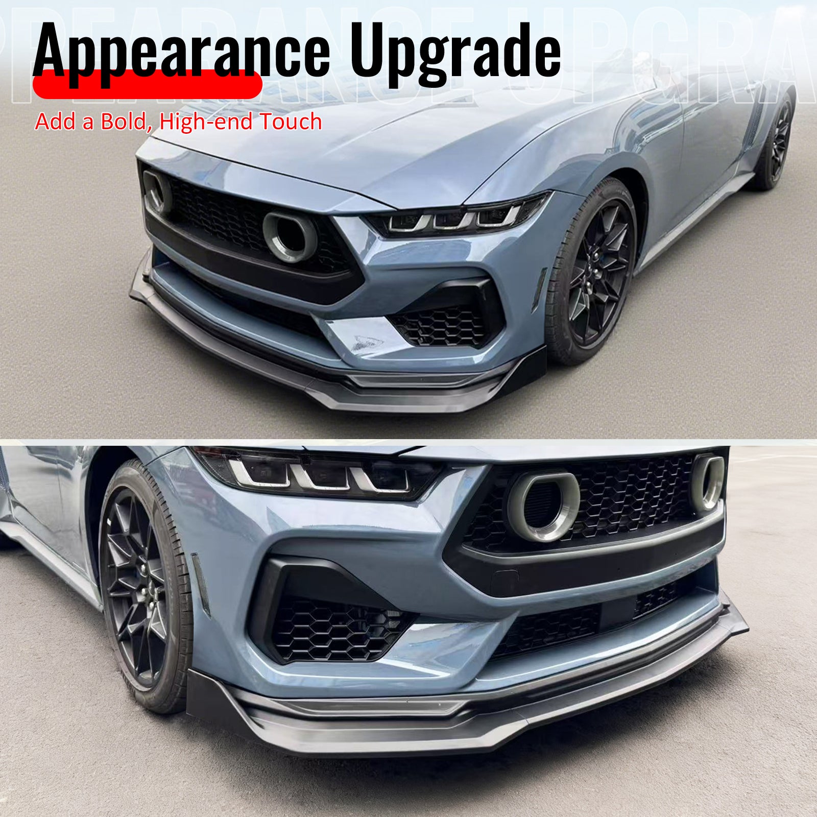 Fits 24-26 Ford Mustang Front Bumper Lip 3PC Spoiler Matte Black Lower Splitter