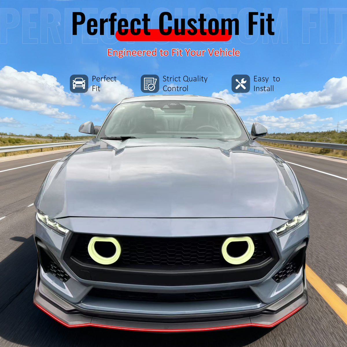 IKON MOTORSPORTS Front Bumper Lip, Compatible with 2024-2026 Ford Mustang, IKON Style ABS Plastic Gloss Black Air Dam Chin Spoiler Protector Splitter 5PCS