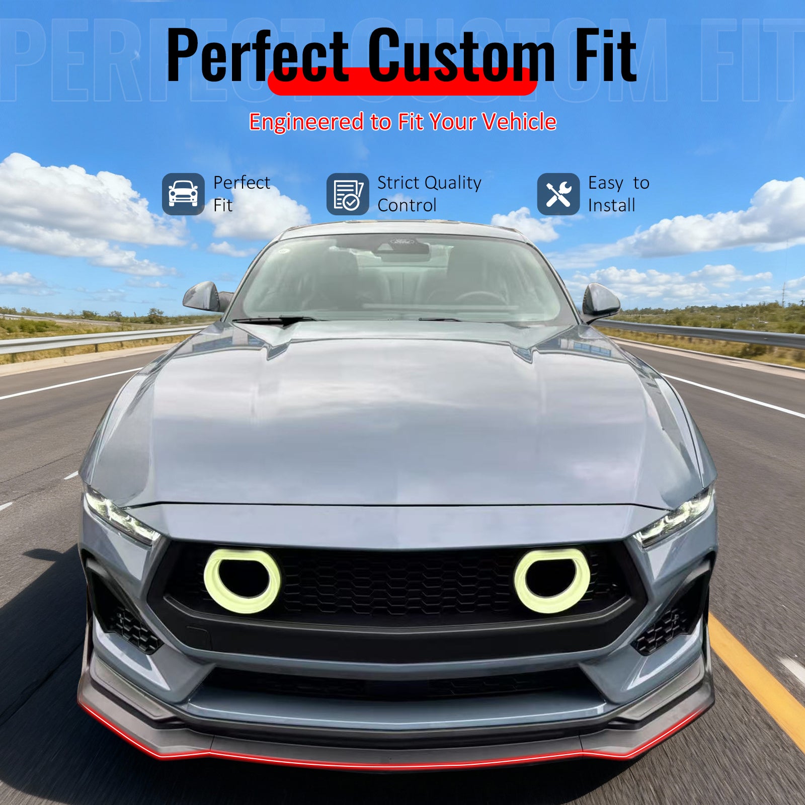 IKON MOTORSPORTS Front Bumper Lip, Compatible with 2024-2026 Ford Mustang, IKON Style ABS Plastic Gloss Black Air Dam Chin Spoiler Protector Splitter 5PCS