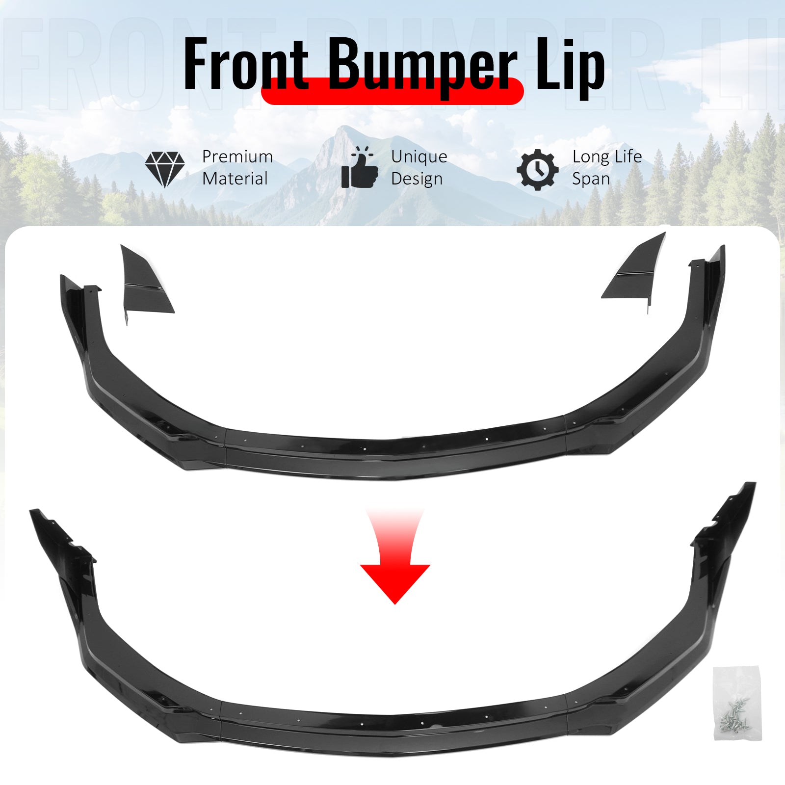 Fits 24-26 Ford Mustang Front Bumper Lip 5PC Spoiler Gloss Black Lower Splitter