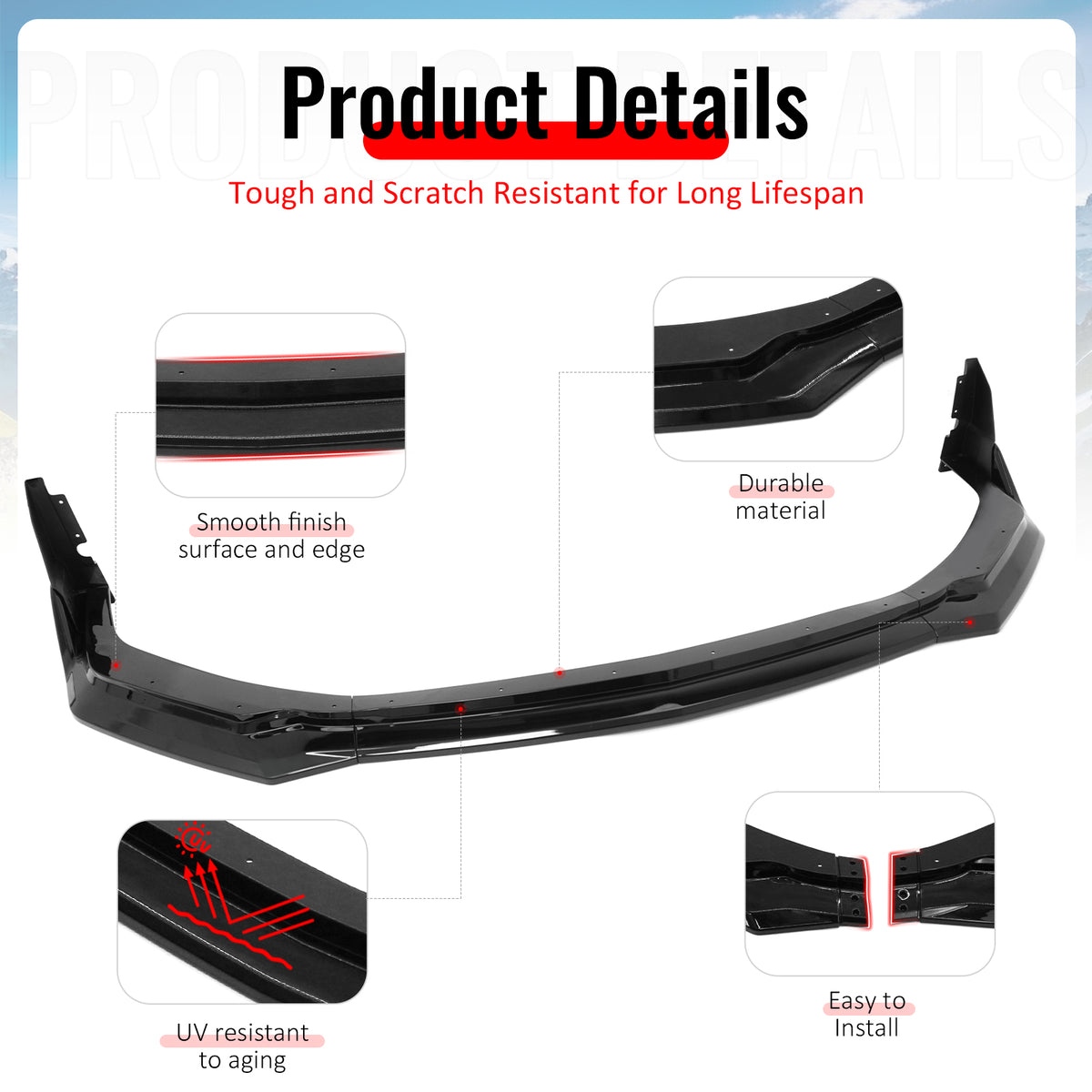 Fits 24-26 Ford Mustang Front Bumper Lip 5PC Spoiler Gloss Black Lower Splitter