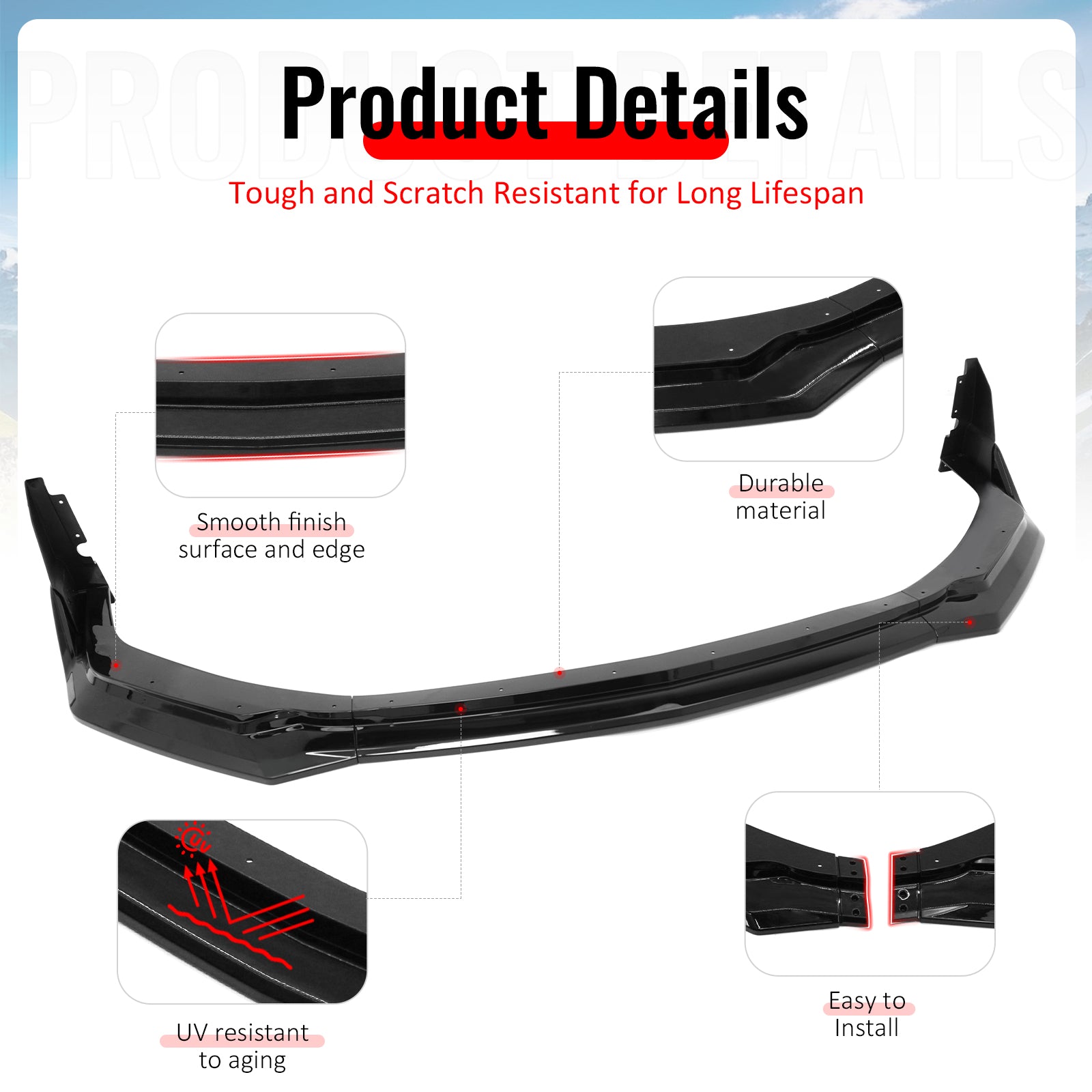 Fits 24-26 Ford Mustang Front Bumper Lip 5PC Spoiler Gloss Black Lower Splitter