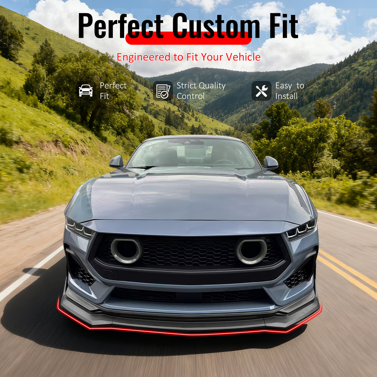 IKON MOTORSPORTS Front Bumper Lip, Compatible with 2024-2026 Ford Mustang, IKON Style ABS Plastic Matte Black Air Dam Chin Spoiler Protector Splitter 5PCS