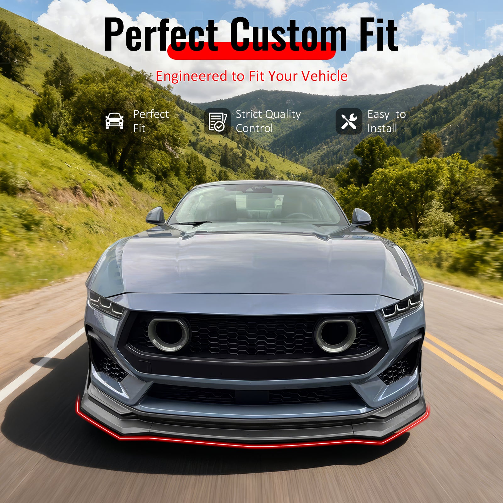 IKON MOTORSPORTS Front Bumper Lip, Compatible with 2024-2026 Ford Mustang, IKON Style ABS Plastic Matte Black Air Dam Chin Spoiler Protector Splitter 5PCS