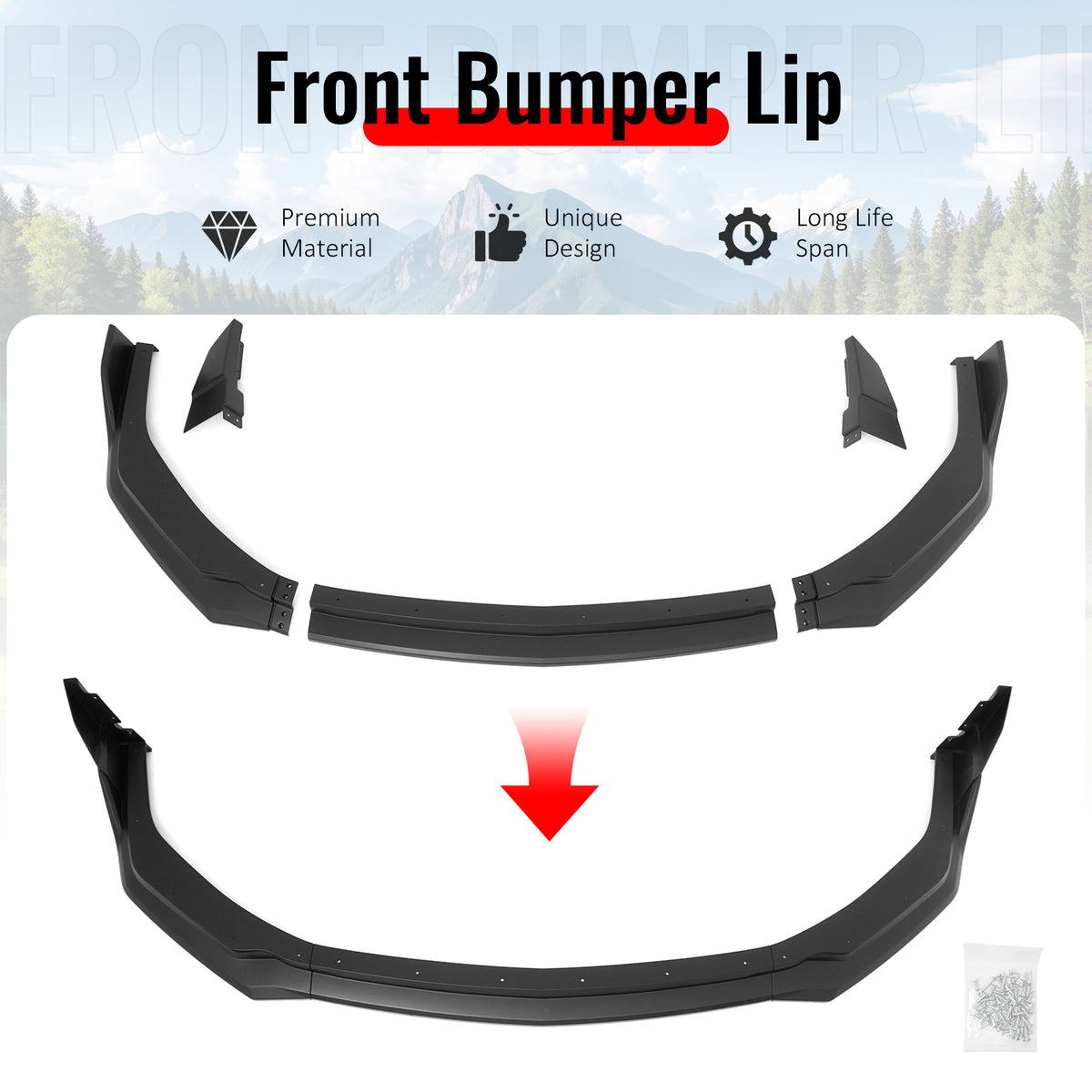 Fits 24-26 Ford Mustang Front Bumper Lip 5PC Spoiler Matte Black Lower Splitter