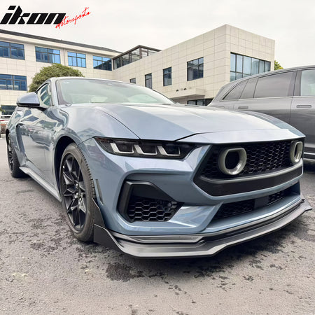 IKON MOTORSPORTS Front Upper Grille, Compatible with 2024-2026 Ford Mustang EcoBoost/GT, Gloss Black Grille with Smoke Lens IKON V1 Style ABS Plastic Replacement Front Bumper Hood Grill w/ LED